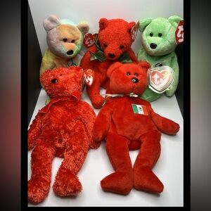 Lot of 5 Beanie Babies Bears Peace Mistletoe Kicks Sizzle Osito Ret. Near Mint
